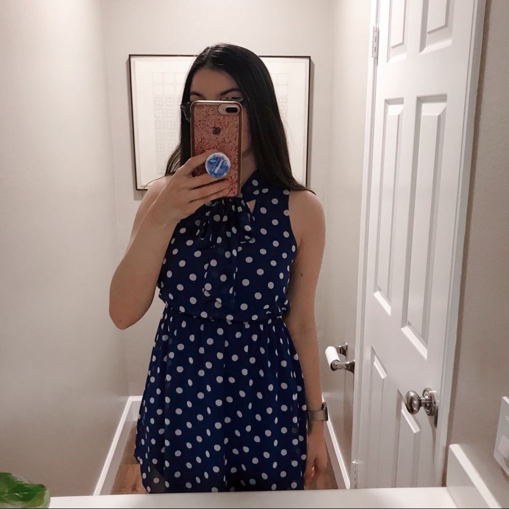 Neck Tied Blue Polka Dot Vintage Retro Dress